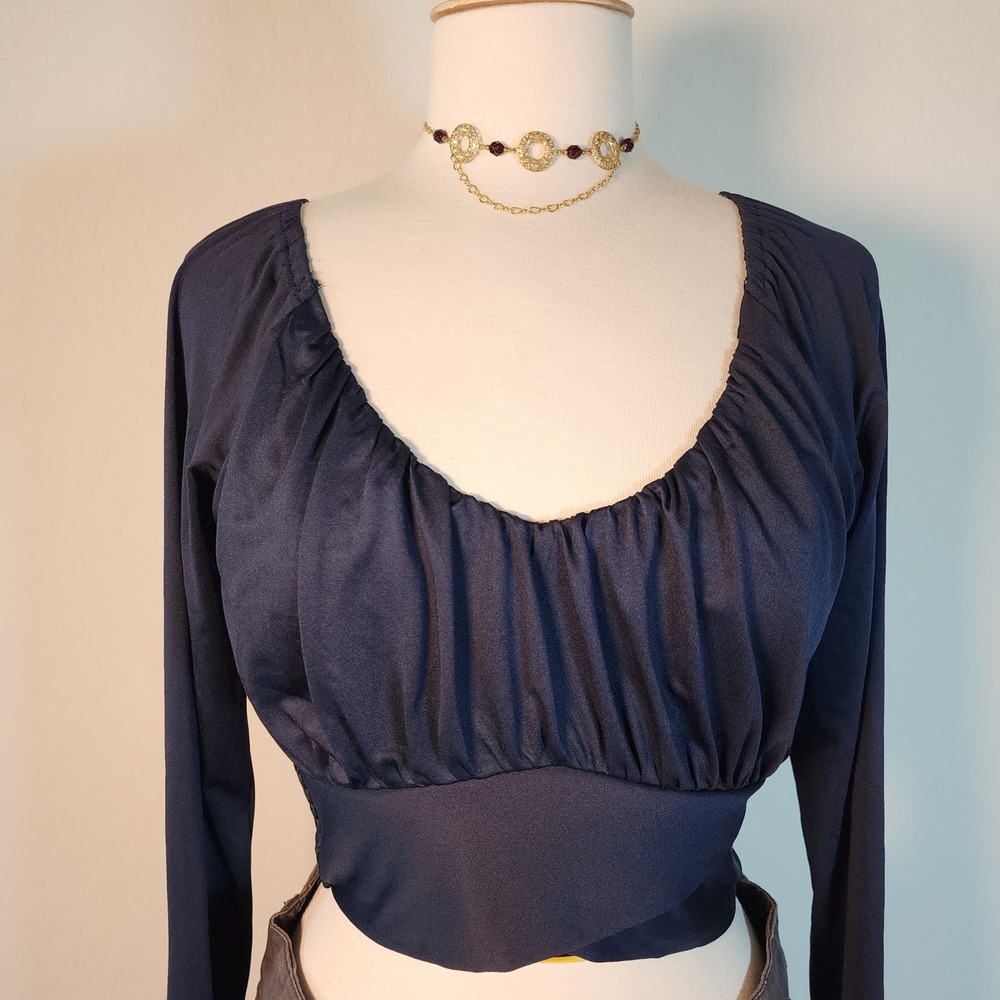 Navy Long Sleeve Top Smocked Back‎ Cross Front Cropped Blouse